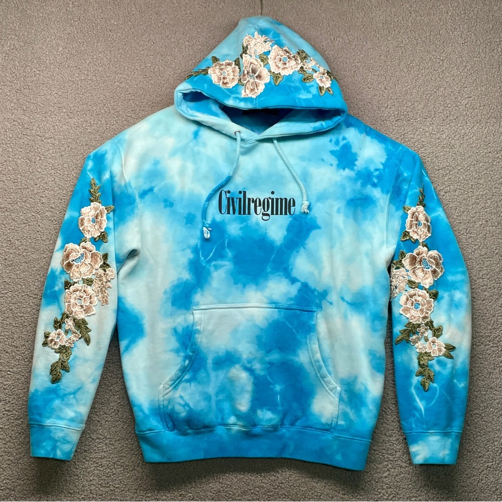 Civil Regime White Roses Oversized Hoodie Blue White Marble Wash Mens Sz Small